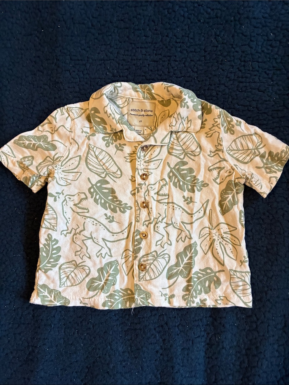 Stitch & stone Cream Short-Sleeve Button-Up with Green Leaf & Dino Print